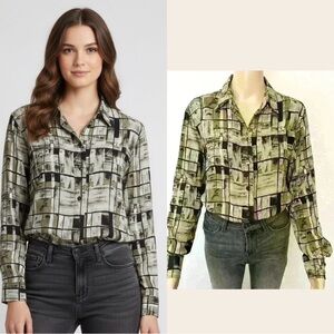 Vintage Boho Artsy Earthy Pattern Oversized Hippie Button Down  Shirt Blouse.